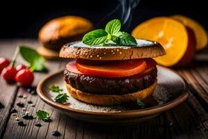 a hamburger with tomatoes and cheese on a plate. AI-Generated photo