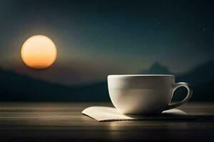 a cup of coffee on a table with a book in front of a full moon. AI-Generated photo