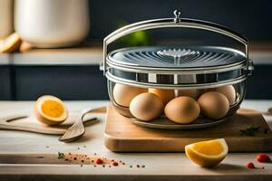 an egg cooker on a cutting board with eggs. AI-Generated photo