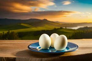 Tres huevos en un plato en frente de un montaña vista. generado por ai foto