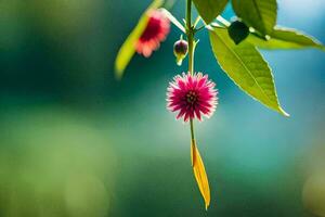 a pink flower is hanging from a tree branch. AI-Generated photo