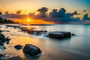 sunset over the ocean, rocks, water, beach, hd wallpaper. AI-Generated photo
