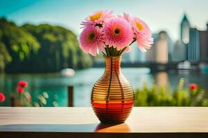 pink flowers in a vase on a table near a river. AI-Generated photo