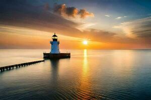 a lighthouse stands on the water at sunset. AI-Generated photo
