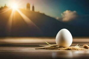 an egg on a table with a mountain in the background. AI-Generated photo