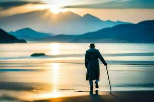 un hombre caminando en el playa a puesta de sol. generado por ai foto