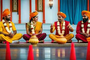 a group of indian men and women in colorful turbans. AI-Generated photo