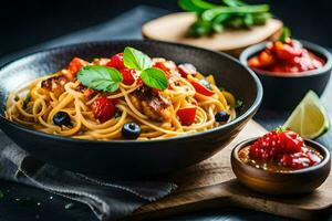 spaghetti with meat and vegetables in a bowl. AI-Generated photo