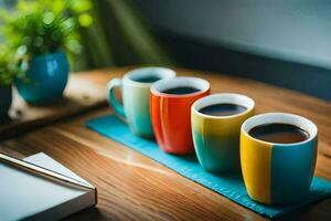 a table with four colorful coffee cups and a notebook. AI-Generated photo