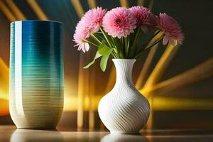 a vase with pink flowers sitting next to a vase with a blue and white striped pattern. AI-Generated photo