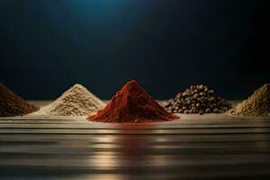 various spices and spices on a wooden table. AI-Generated photo