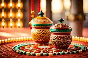 two colorful jars sit on a table with candles. AI-Generated photo