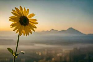 a single sunflower stands in front of a mountain range. AI-Generated photo