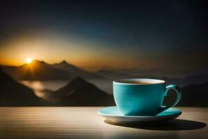 a cup of coffee on a table in front of a mountain view. AI-Generated photo