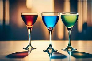 three glasses of colored liquid are shown on a table. AI-Generated photo