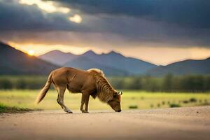 a horse grazing on the road at sunset. AI-Generated photo