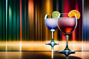 two glasses of wine with colorful drinks on a table. AI-Generated photo