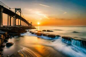 un puente terminado el Oceano a puesta de sol. generado por ai foto