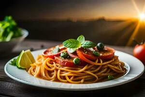 spaghetti with tomatoes and basil on a plate. AI-Generated photo