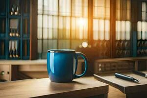 a blue coffee mug on a wooden table in front of a window. AI-Generated photo