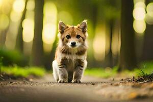 a small brown and white dog is walking on a path. AI-Generated photo