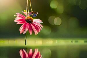 a pink flower with a butterfly hanging from it. AI-Generated photo