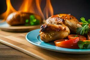 a plate of chicken and vegetables on a table with a fire. AI-Generated photo