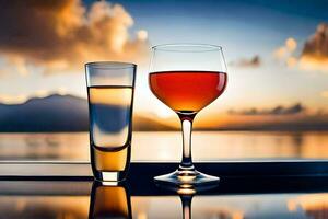 two glasses of wine on a table with a sunset in the background. AI-Generated photo