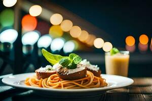 spaghetti with meatballs and cheese on a plate. AI-Generated photo