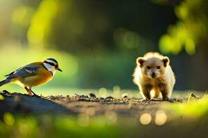 a baby bird and a bear walking on the road. AI-Generated photo