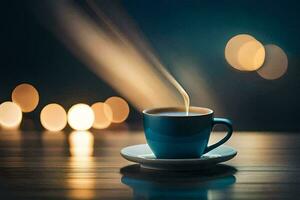 a cup of coffee on a wooden table with bokeh lights. AI-Generated photo
