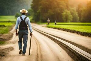 un hombre caminando abajo un suciedad la carretera con un caña. generado por ai foto