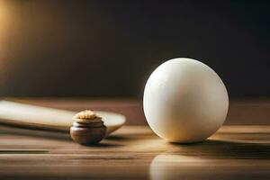 an egg and a spoon on a wooden table. AI-Generated photo