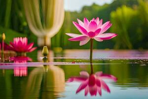 pink lotus flower in water with reflection. AI-Generated photo