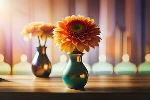 two orange flowers in vases on a table. AI-Generated photo