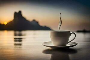 coffee cup on the beach, sunrise, water, mountains, hd wallpaper. AI-Generated photo