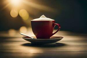 a red cup of cappuccino on a wooden table. AI-Generated photo