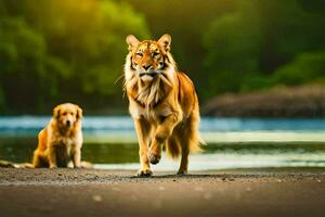 dos perros caminando siguiente a un Tigre en el bosque. generado por ai foto
