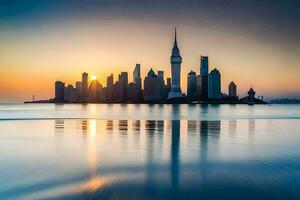 el ciudad horizonte es reflejado en el agua a puesta de sol. generado por ai foto