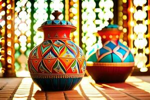 two colorful vases are sitting on a wooden table. AI-Generated photo