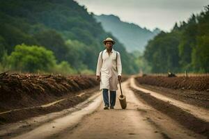 a man in a white shirt and hat walking down a dirt road. AI-Generated photo