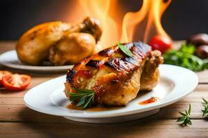 grilled chicken on a plate with a fire. AI-Generated photo