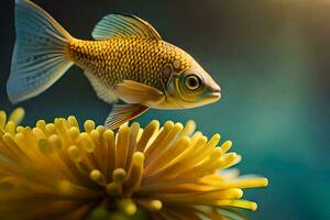 a goldfish is standing on top of a flower. AI-Generated photo