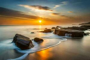 the sun sets over the ocean in this long exposure photograph. AI-Generated photo