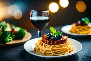 spaghetti with meat and sauce on a plate. AI-Generated photo
