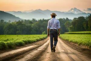 a man in a hat walks down a dirt road in front of a green field. AI-Generated photo