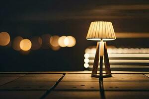 a lamp on a table in front of a city. AI-Generated photo