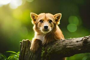 un perrito es sentado en un árbol rama. generado por ai foto
