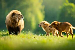 un león y dos perros en un campo. generado por ai foto