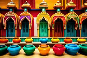 colorful pots and vases sit in front of a colorful building. AI-Generated photo